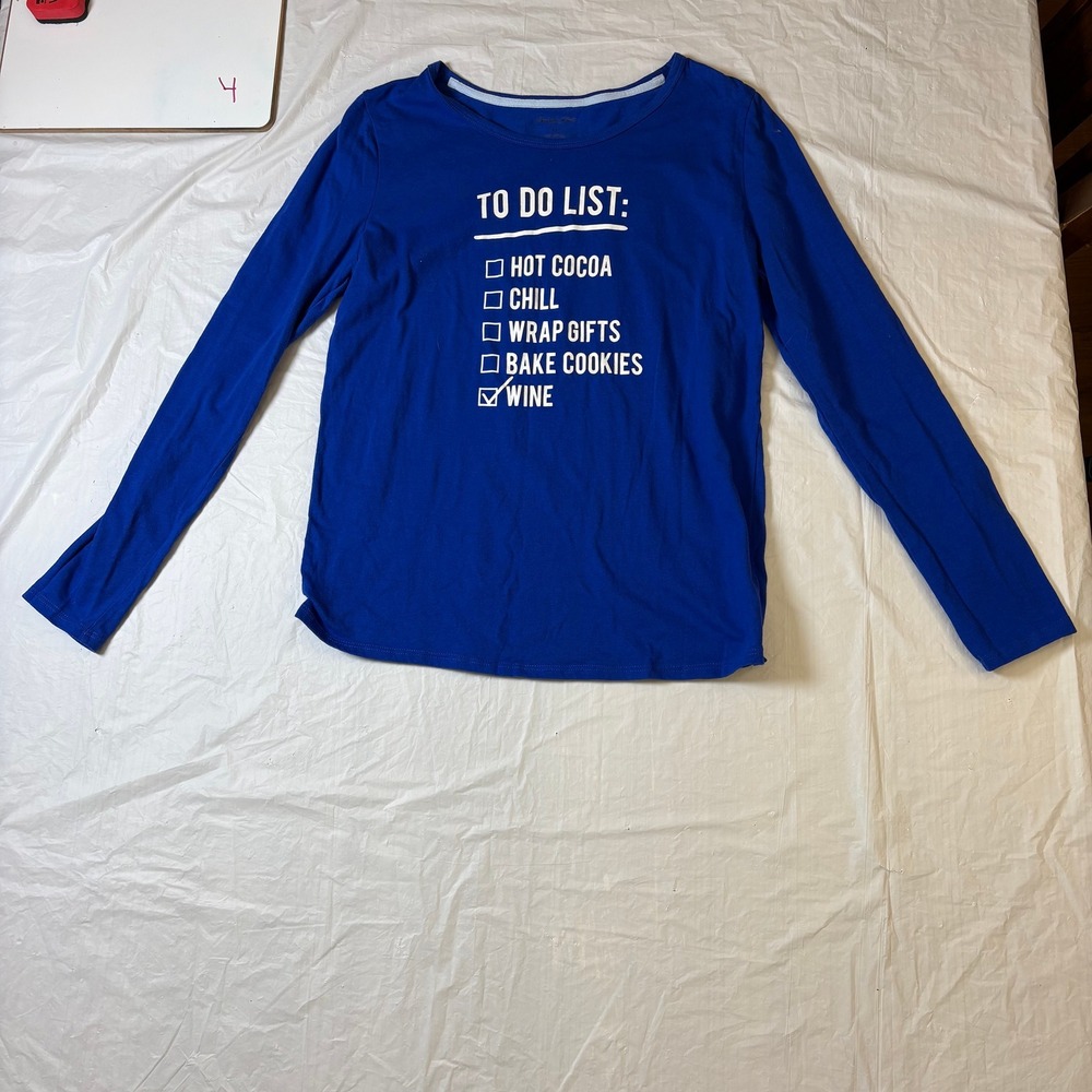 North Pole Trading Co Womens Blue Long Sleeve To Do List Wine Graphic T Shirt M